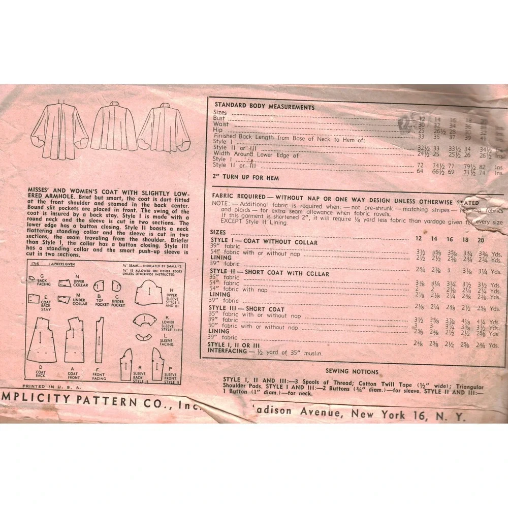 Vintage Simplicity Primer 1716 Sewing Pattern Misses Womens Coat Jacket